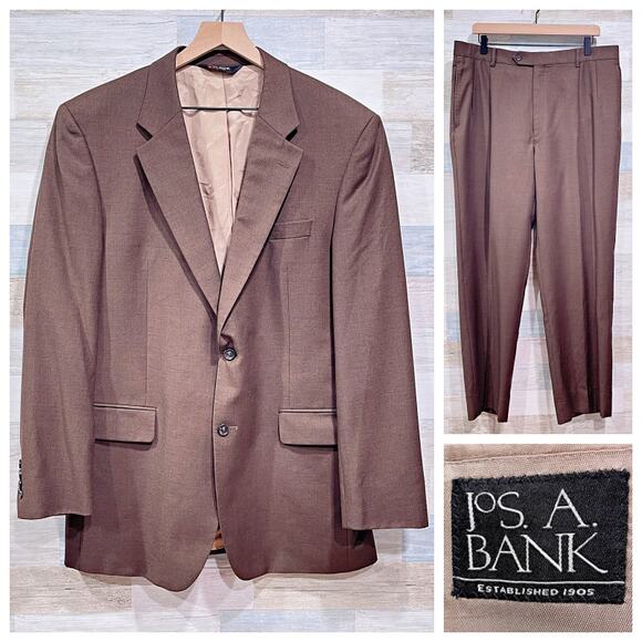Jos A Bank Wool 2 Piece Suit Brown 2 Button Mens 43L Jacket 37L Pleated Pants - Picture 1 of 14